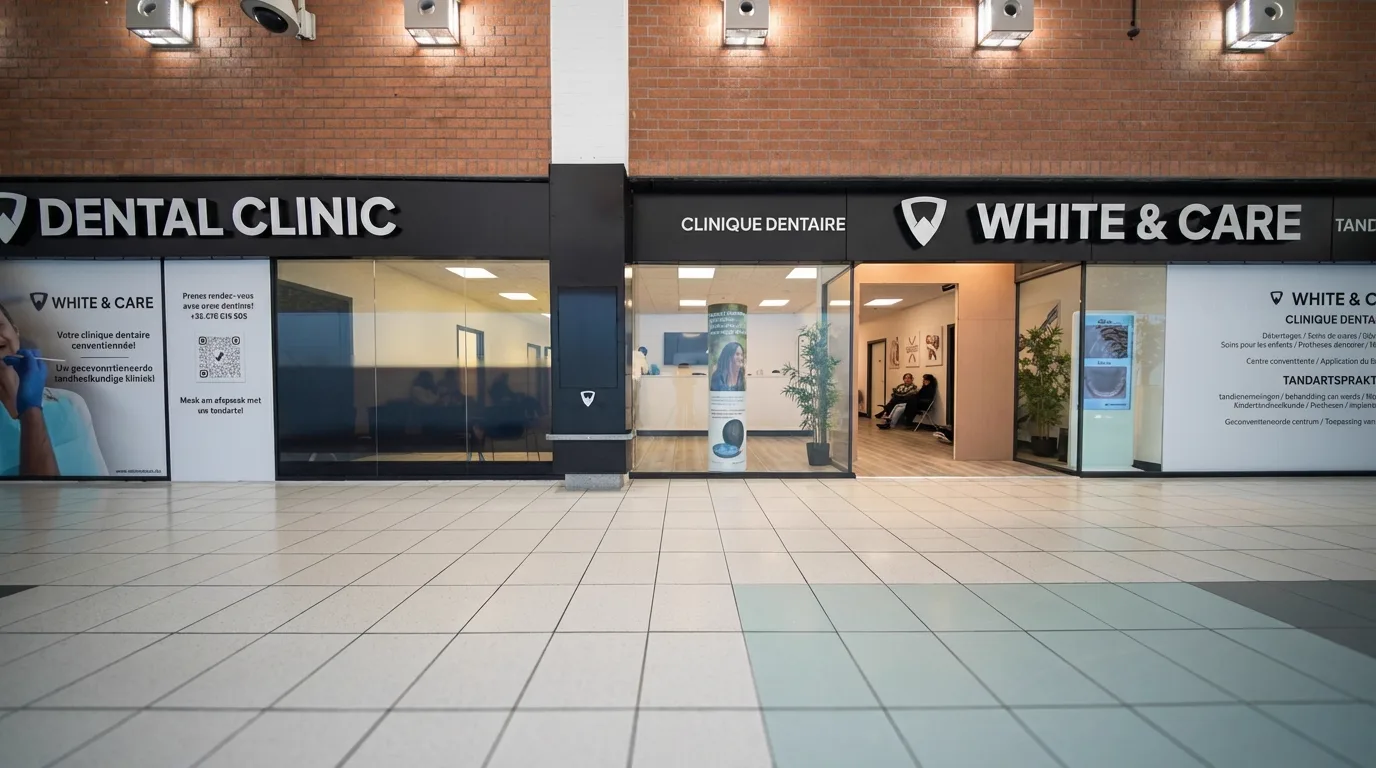 Devanture et accueil du cabinet dentaire White & Care au Shopping Cora Anderlecht
