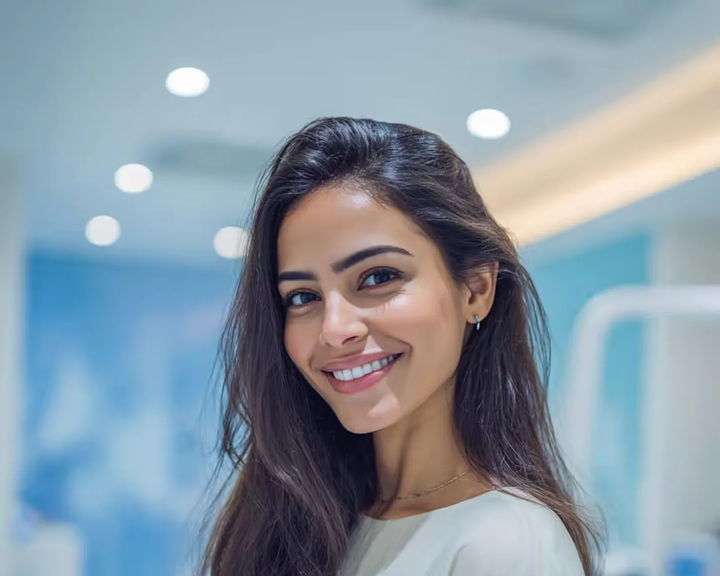 Jeune patiente souriante au cabinet d'orthodontie White & Care à Anderlecht